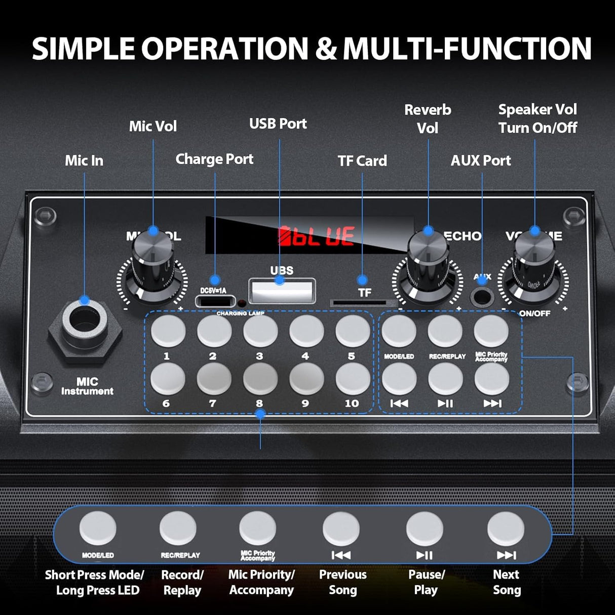 Karaoke Machine, Bluetooth Karaoke Speaker, Portable Singing Machine with 2 Wireless Microphones LED Lights for Home Party Meeting Adults Kids Supports USB/TF/AUX/REC/FM