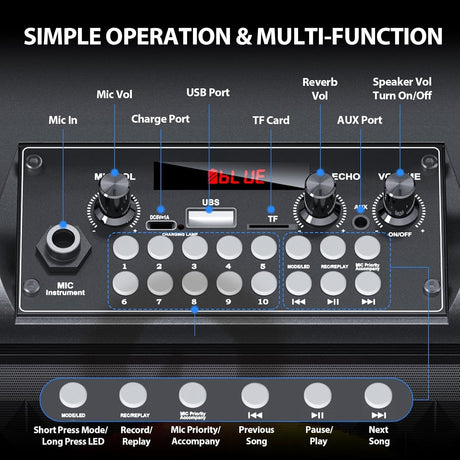 Karaoke Machine, Bluetooth Karaoke Speaker, Portable Singing Machine with 2 Wireless Microphones LED Lights for Home Party Meeting Adults Kids Supports USB/TF/AUX/REC/FM