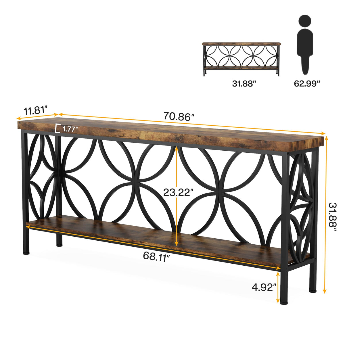 Narrow Sofa Table, Industrial Long Sofa Table Behind Couch, Entry Console Table with Storage for Entryway, Living Room, Foyer, Unique Design, Rustic Brown 70.9-Inch