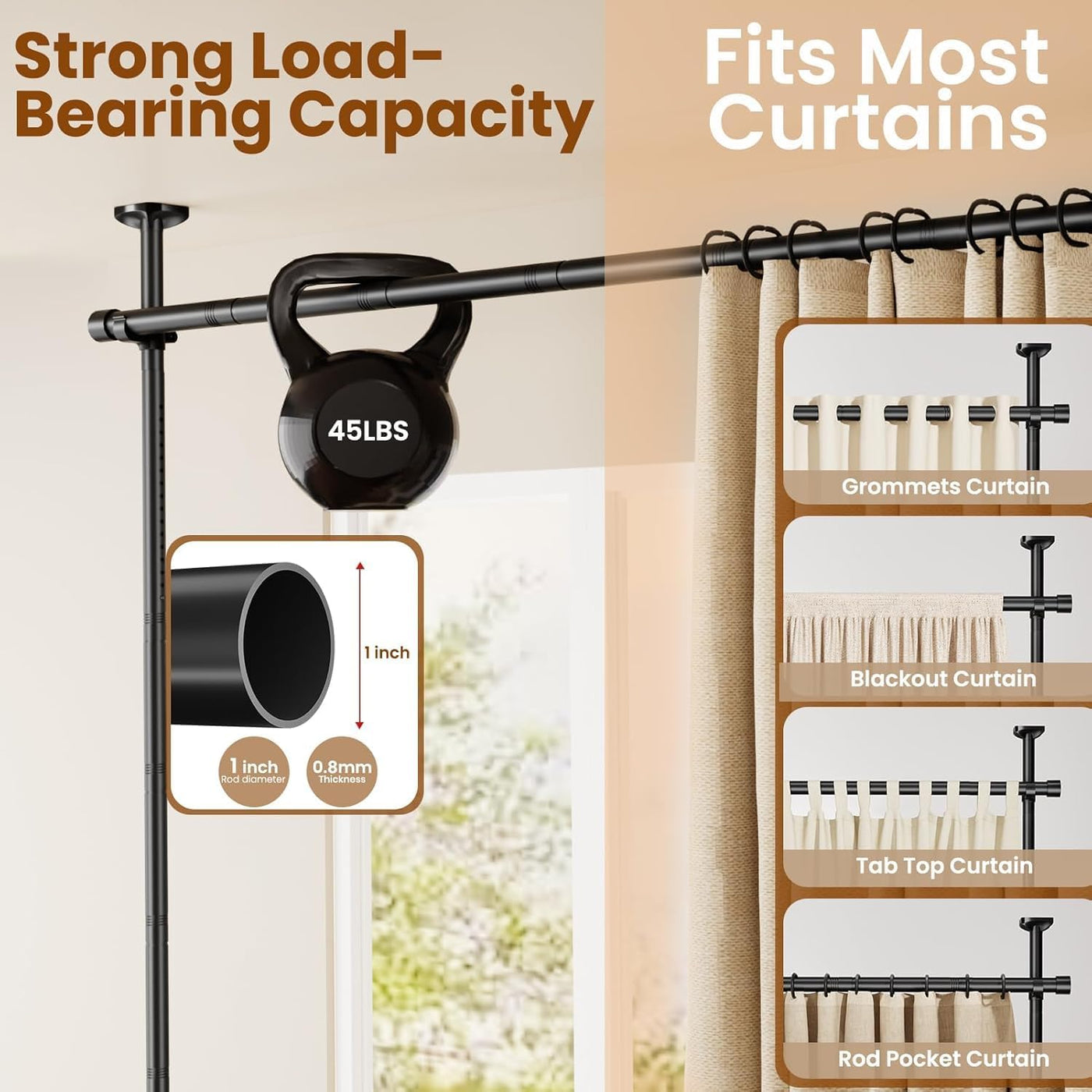 Tension Curtain Rod for Room Partition, No Drilling, 121-304cm(H) 71-434cm(W) | Floor to Ceiling Room Divider, Black, Strong Weight Capacity, Quick Assemble, Wall Divider for Bedroom Dorm Privacy