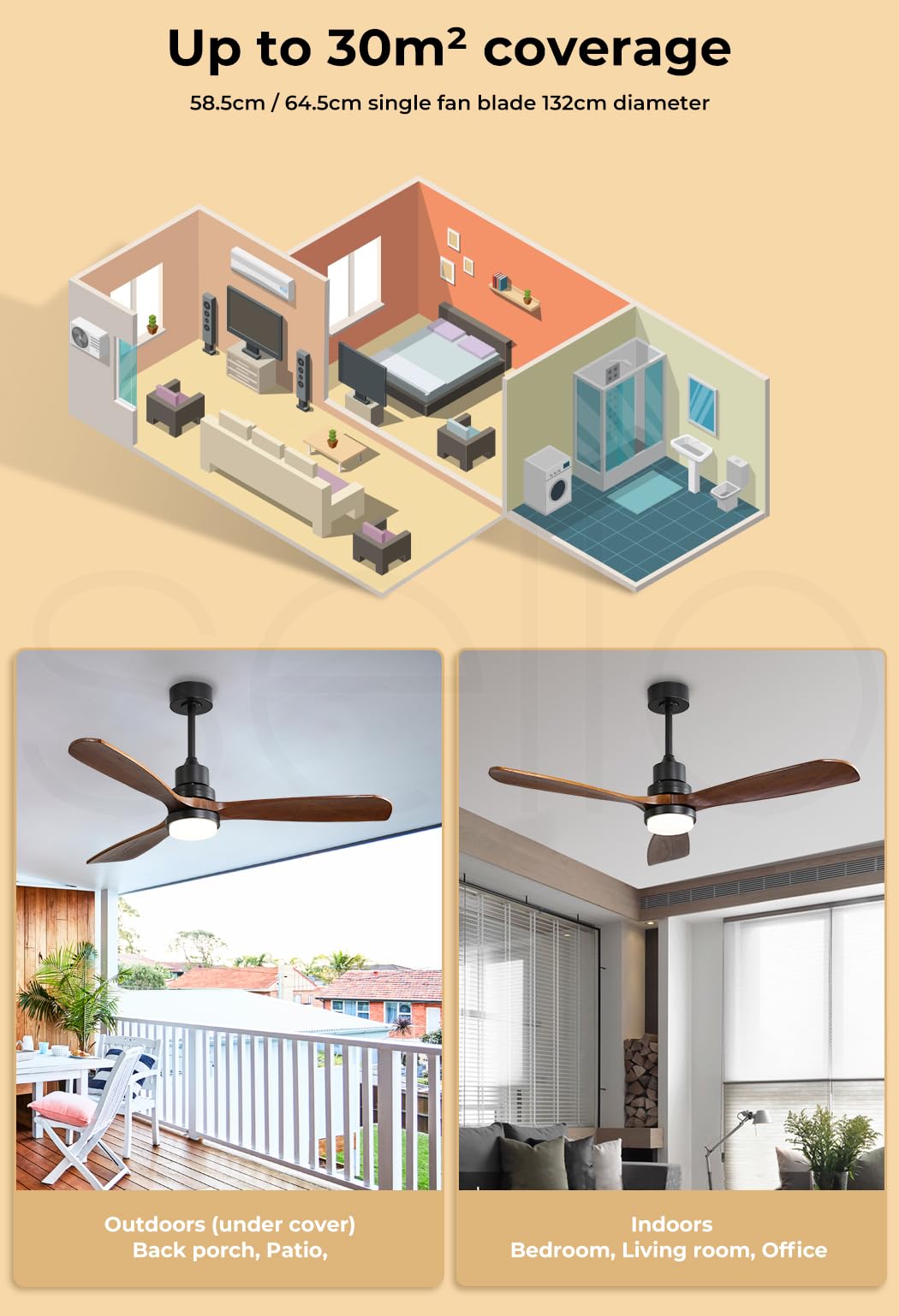 52'' Wood Ceiling Fan DC Motor with LED Light Remote Control 5 Speed 3 Natural Walnut Blades 12.5cm/25cm Down Rod 3 Lighting Color White