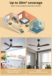 52'' Wood Ceiling Fan DC Motor with LED Light Remote Control 5 Speed 3 Natural Walnut Blades 12.5cm/25cm Down Rod 3 Lighting Color White