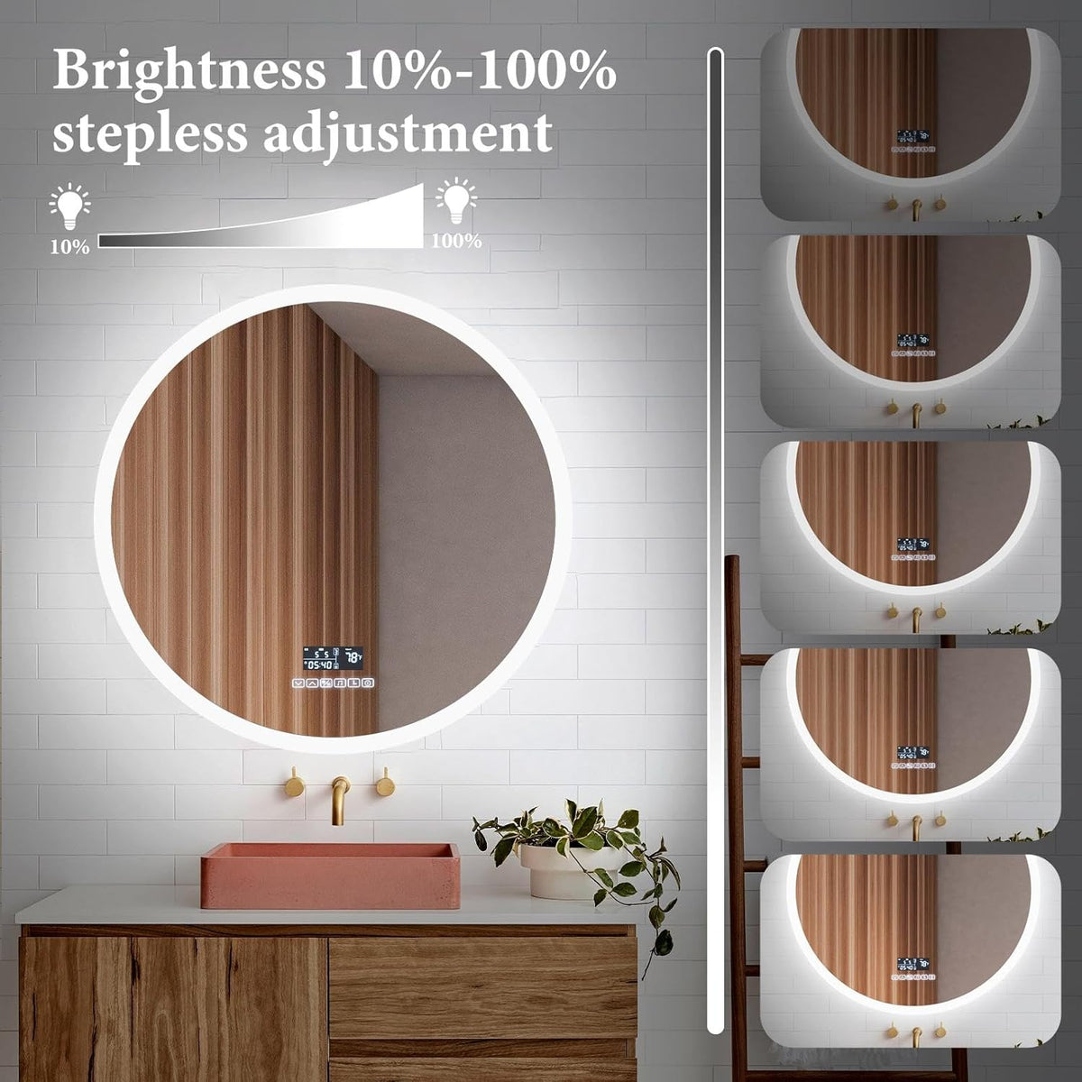 Smart Round LED Bathroom Mirror with Defogger & Audio