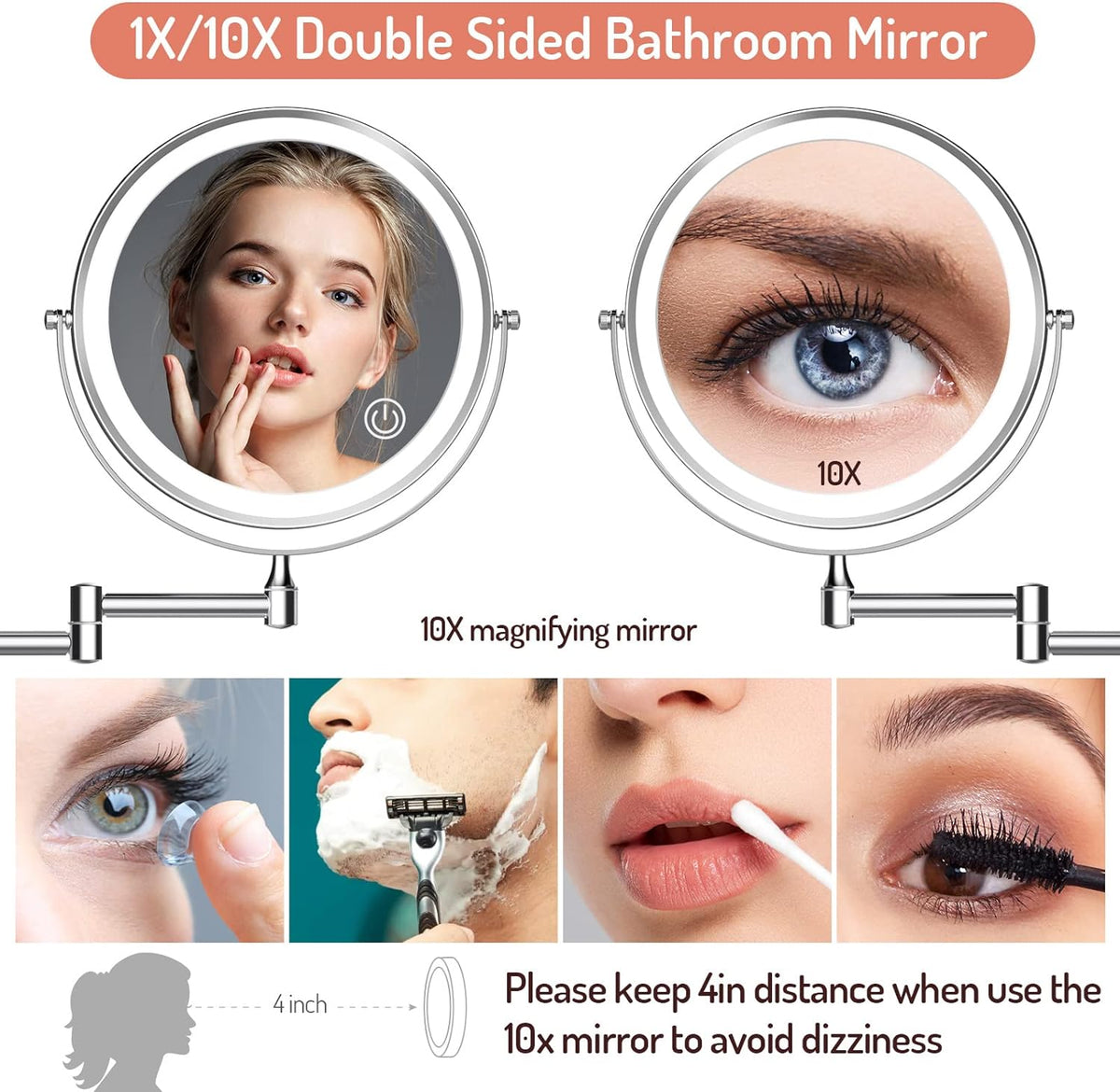Rechargeable Wall Mounted Makeup Mirror with Lights,8 Inch Double-Sided LED Vanity Mirror 1X/10X Magnification,3 Color Lighting Dimmable Touch Screen 13 Inch Retractable (Black, 1/10X) (Chrome)