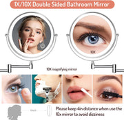 Rechargeable Wall Mounted Makeup Mirror with Lights,8 Inch Double-Sided LED Vanity Mirror 1X/10X Magnification,3 Color Lighting Dimmable Touch Screen 13 Inch Retractable (Black, 1/10X) (Chrome)