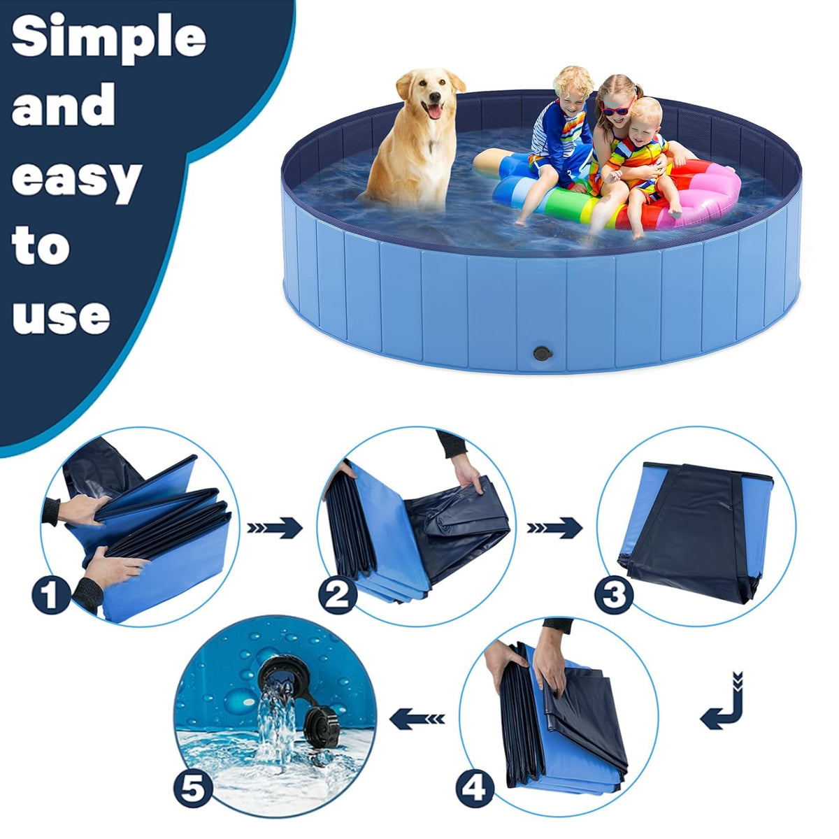 Round Foldable Dog Pool with Drain – 3 Sizes