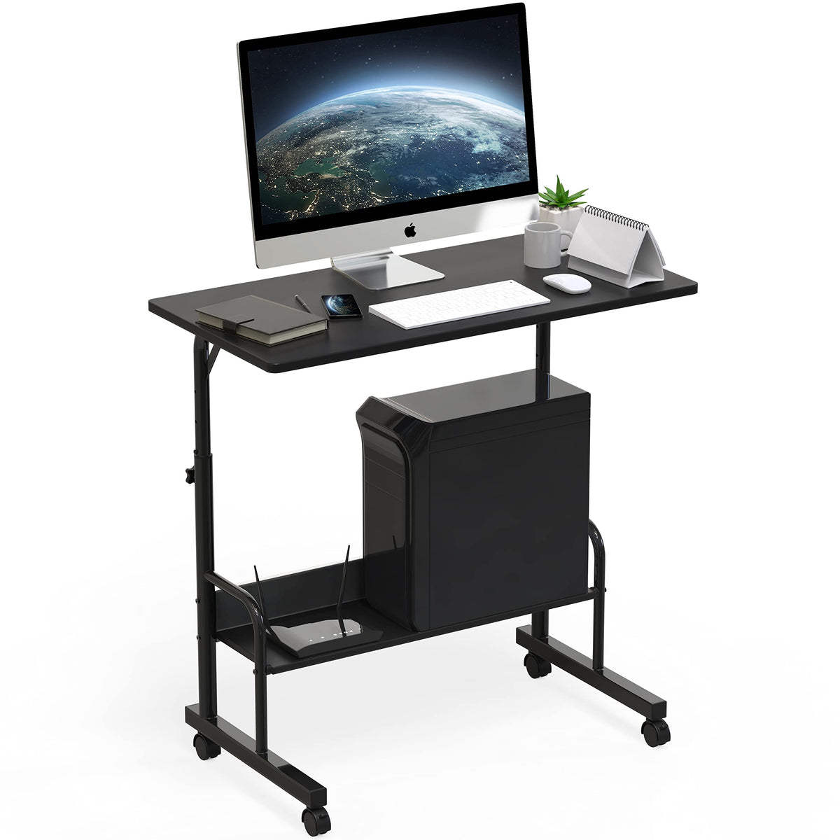 Black Adjustable Mobile Standing Desk with Locking Wheels