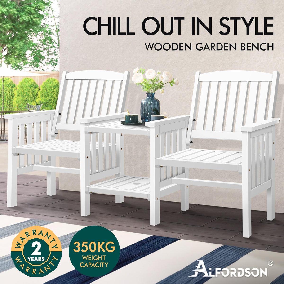 White Fir-Wood Twin Chair & Centre Table Set