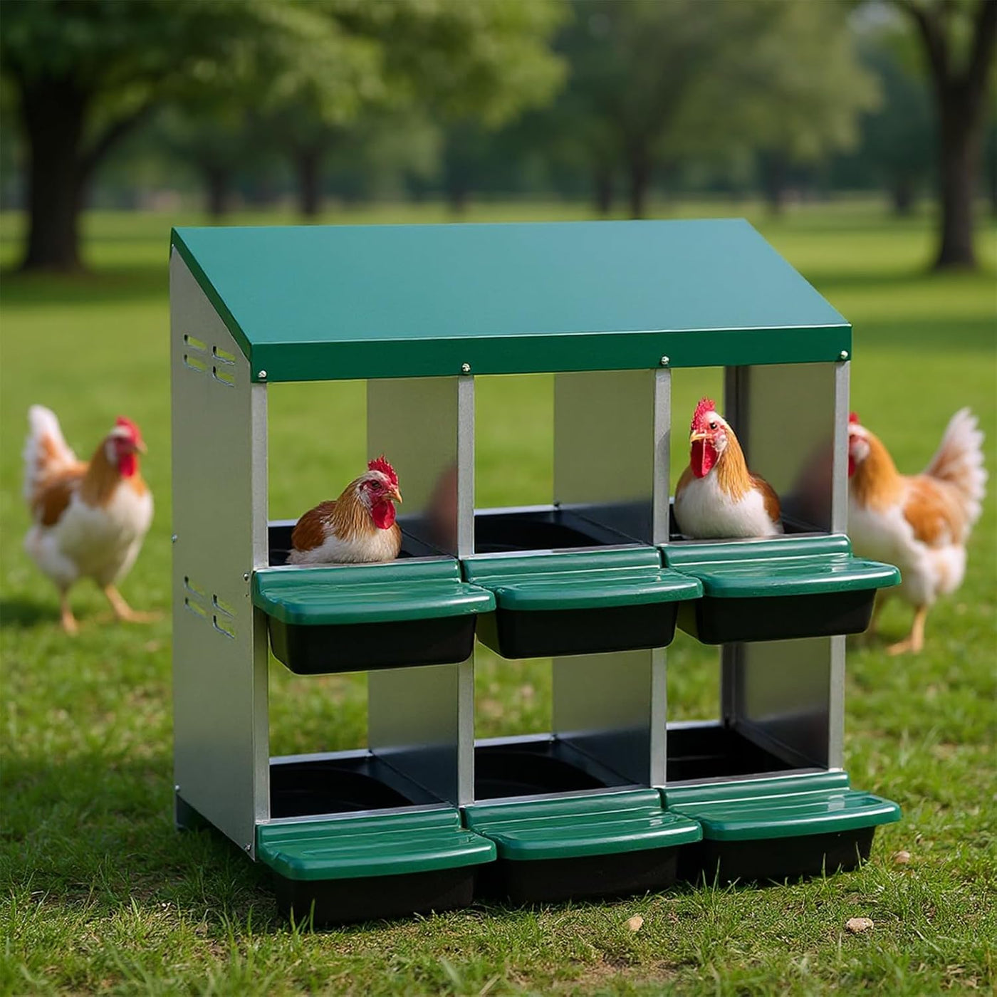 Chicken Nesting Box, Double Layer 6 Hole Metal Chicken Hen Laying Boxes with Roll Away Egg Collection & Perch, Poultry Nest House Egg Brooder Coop for Hens/Goose/Duck