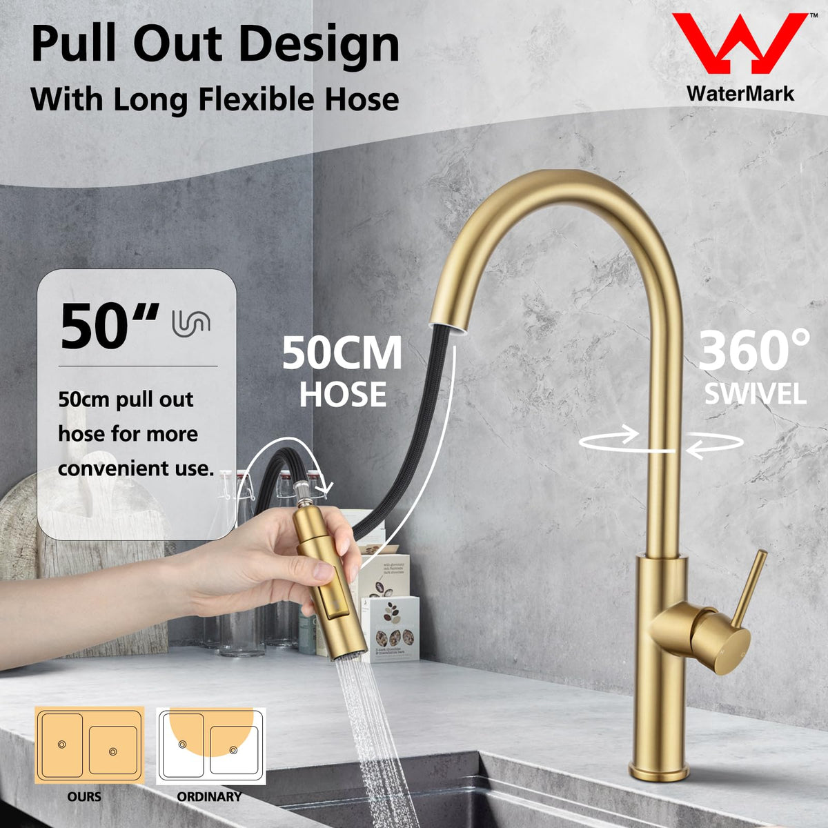 Brushed Gold 2-Mode Pull-Out Kitchen Mixer Tap