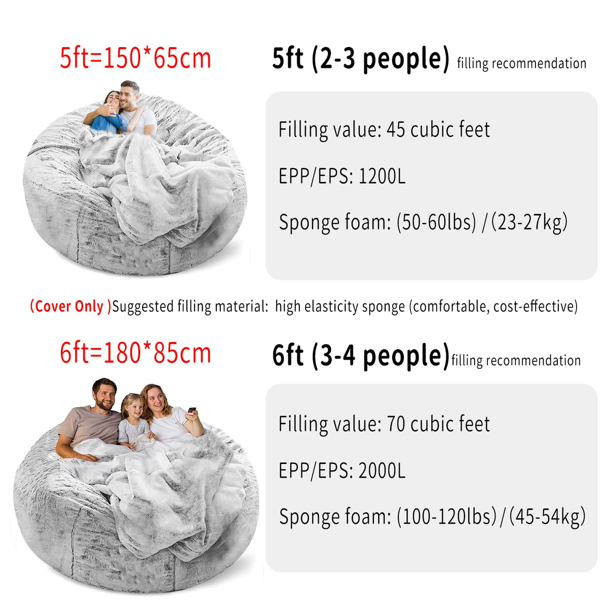 180 cm Fluffy Bean Bag Cover – Snow Grey, Cover Only