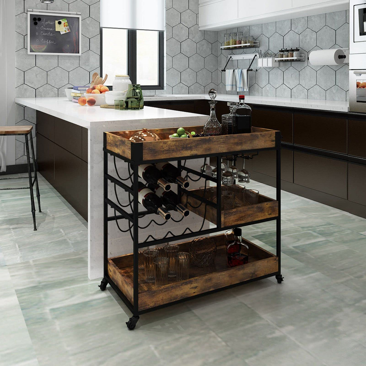 3-Tier Rustic Bar Cart with Wine & Glass Racks