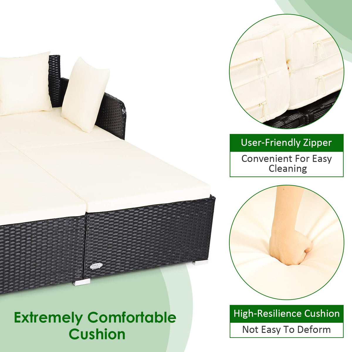 Beige Rattan Outdoor Daybed with Cushion & 4 Pillows