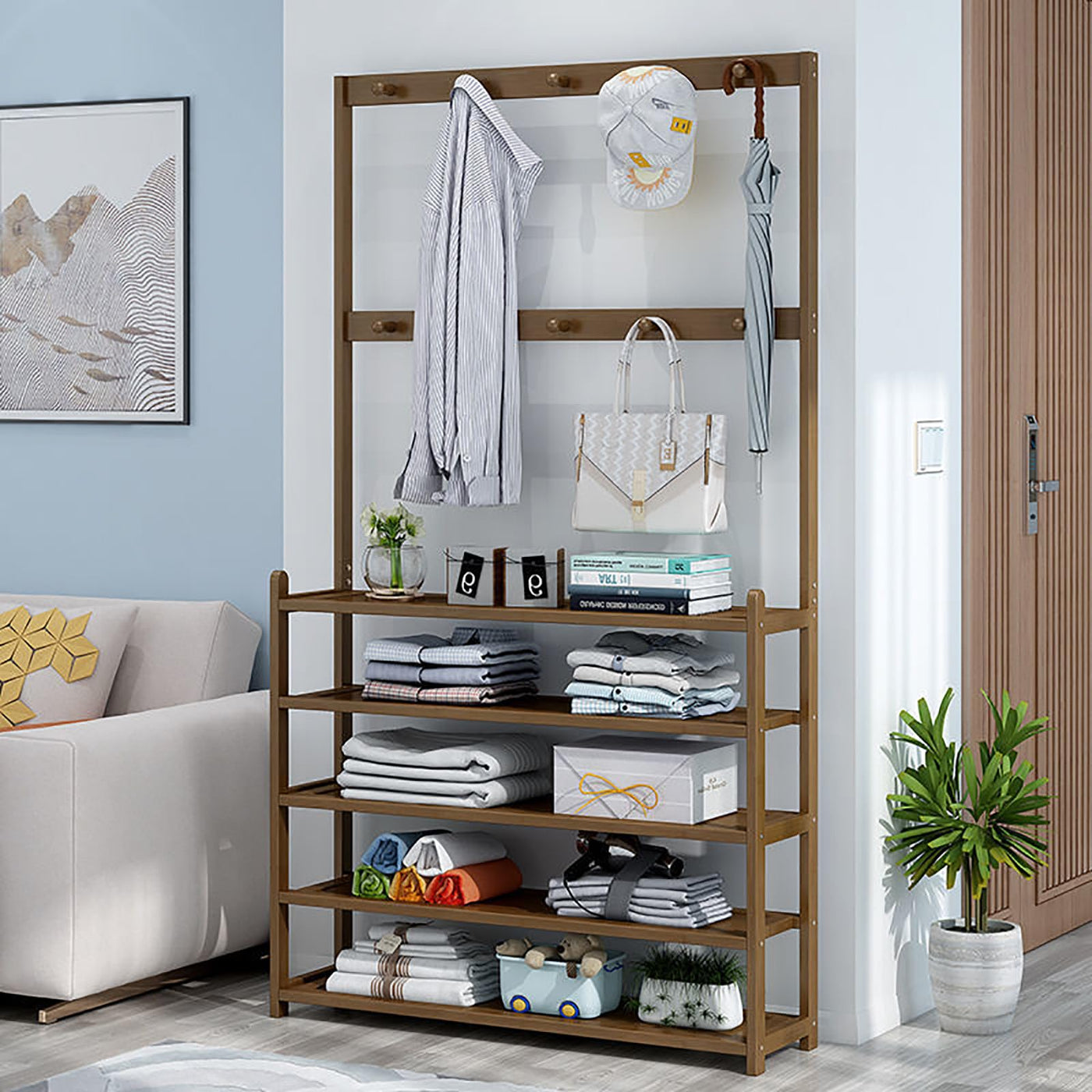 2-in-1 Hall Tree with Shoe Rack, 10 Hooks & 5 Shelves