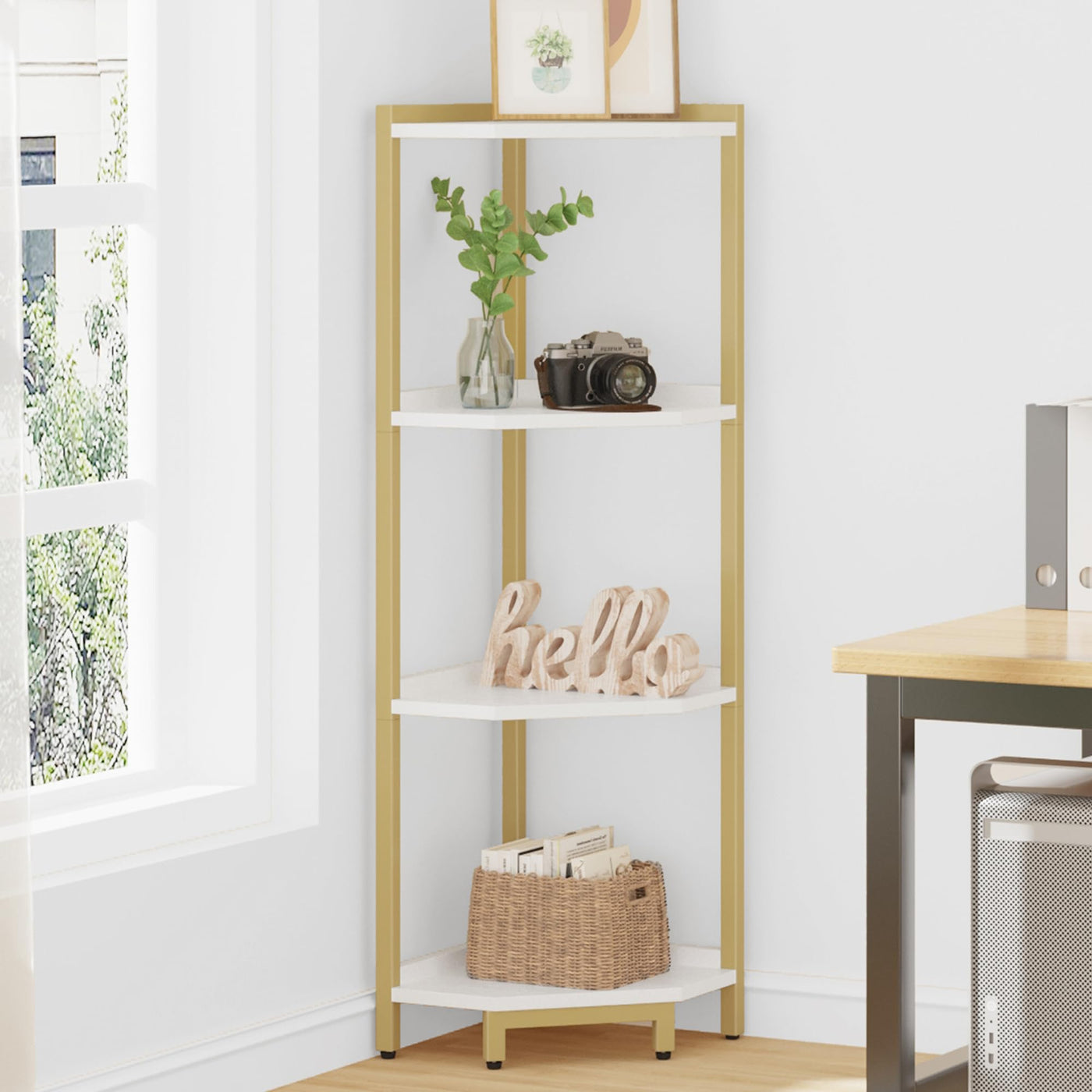 Freestanding Corner Shelf with Metal Frame