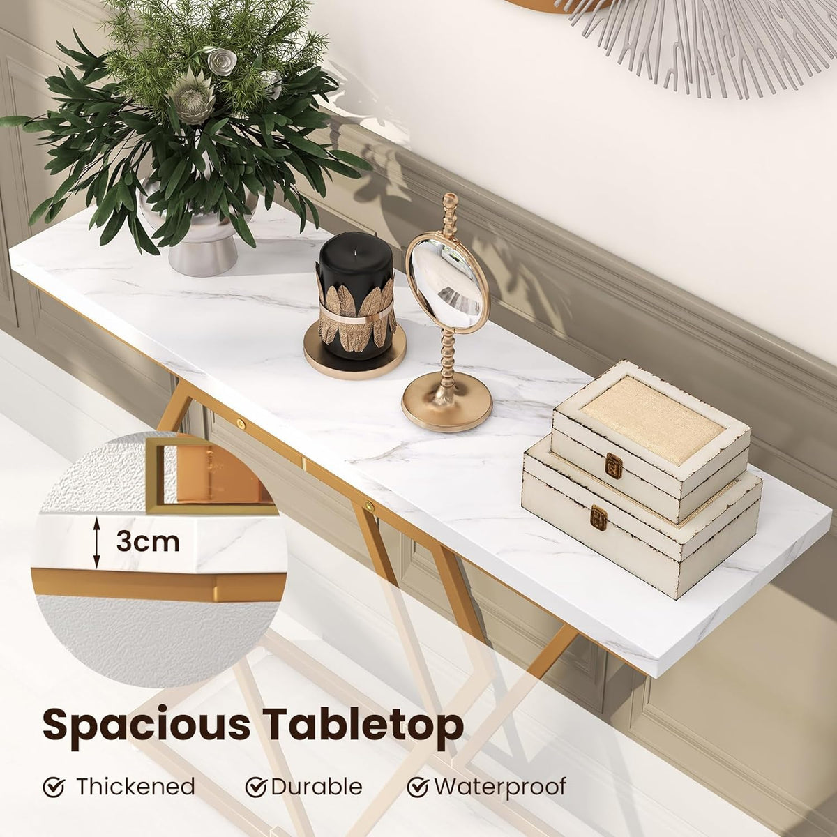 Modern Console Table, Faux Marble Narrow Entryway Table with Diamond Shape Geometric Frame, 100 cm Modern Accent Table with Anti-Tipping Device for Living Room Hallway Entrance, White & Gold