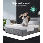 Grey Upholstered Double Gas-Lift Storage Bed with Tufted Headboard