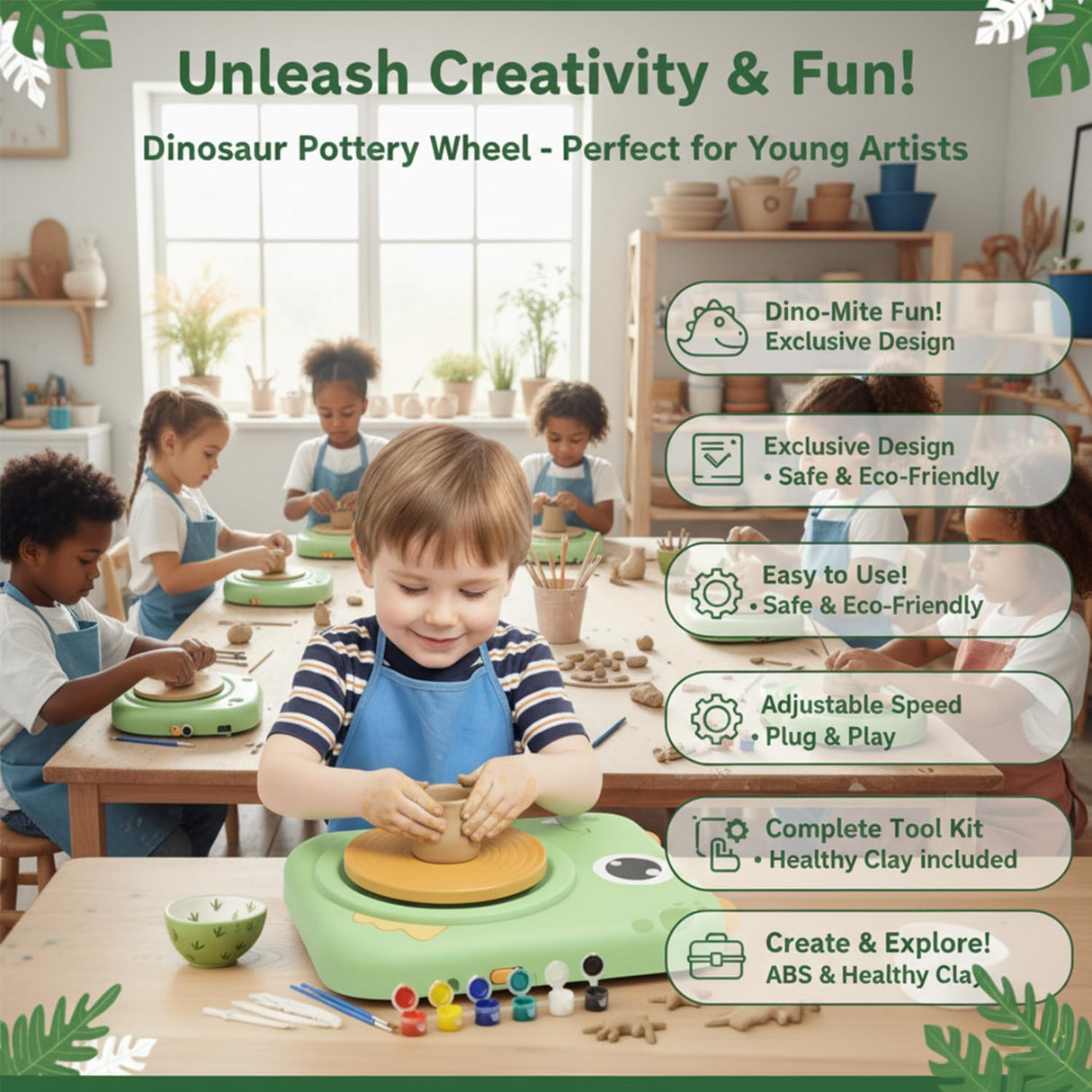 Pottery Wheel for Kids, Boys & Girls Arts and Crafts Toys for Kids Ages 8-12, Pottery Studio Craft Kit with 2 Pack Air-Dry Clay, Art Supplies for Kids Toys Girls Birthday, Age 6 7 8 9 10 11 12+ (Green)