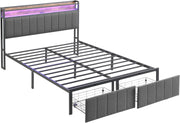 Bed Frame with Storage, Upholstered Bed Frame with LED Lights Headboard and 2 Drawers, Charging Station, Noise-Free, No Box Spring Needed, Easy Assembly, Grey
