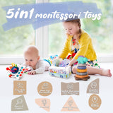 5 in 1 Baby Montessori Toys Set Include Shape Sorter Bin with Sound, Baby Tissue Box, Stacking Cups, Pull String Toy, Soft Stacking Rings, Sensory Toys for Infants Toddlers