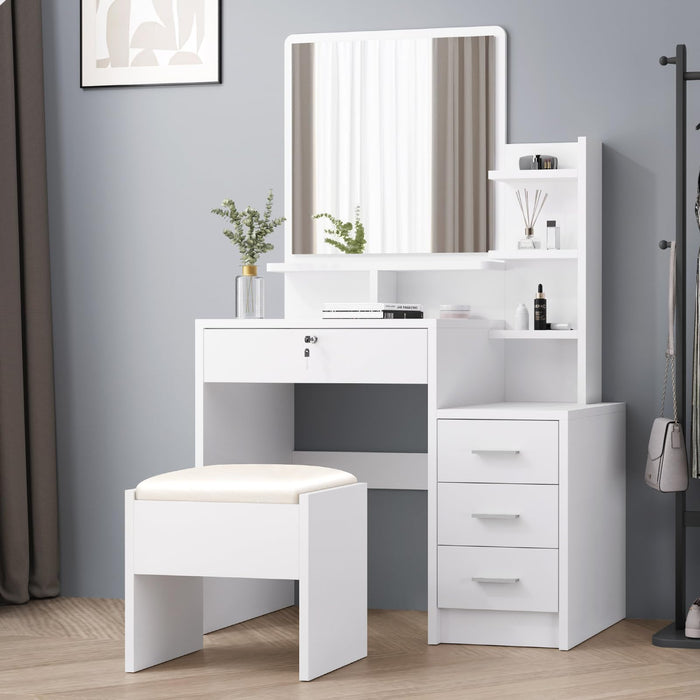White Vanity Desk & Stool Set with Mirror and Side Cabinet