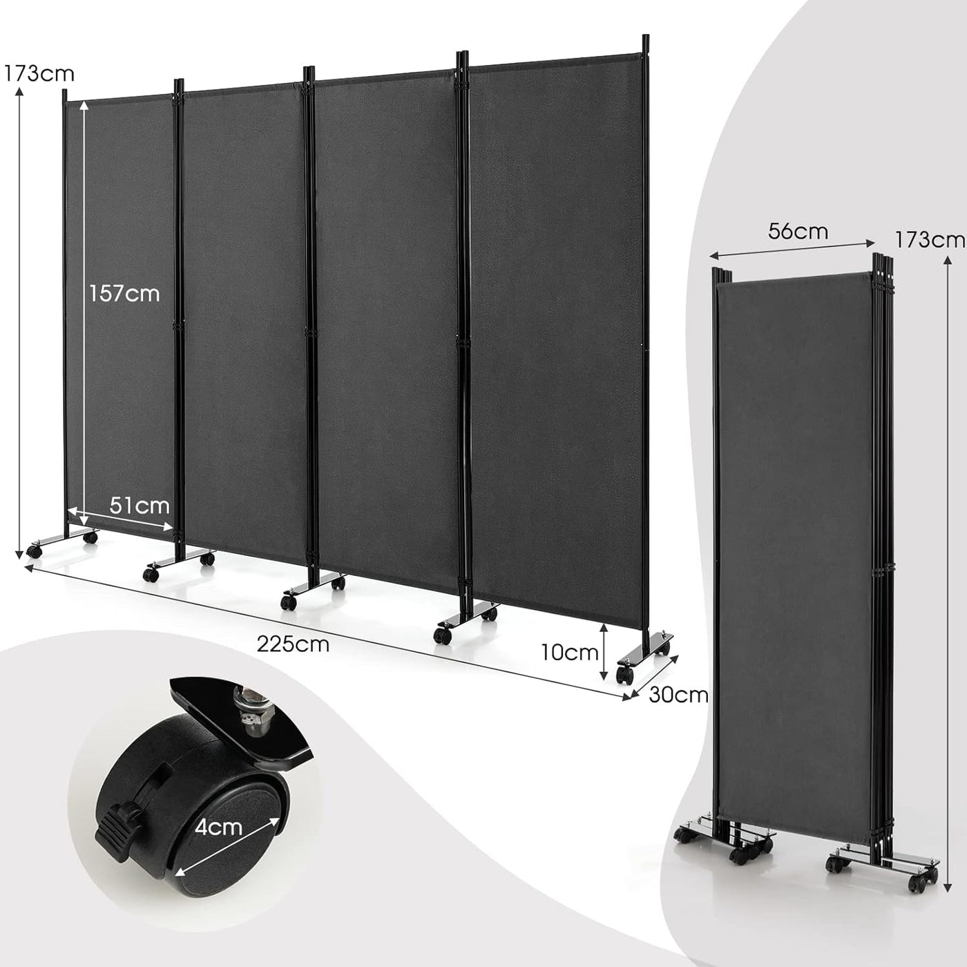 180cm Rolling 3-Panel Room Divider – Black or White Star