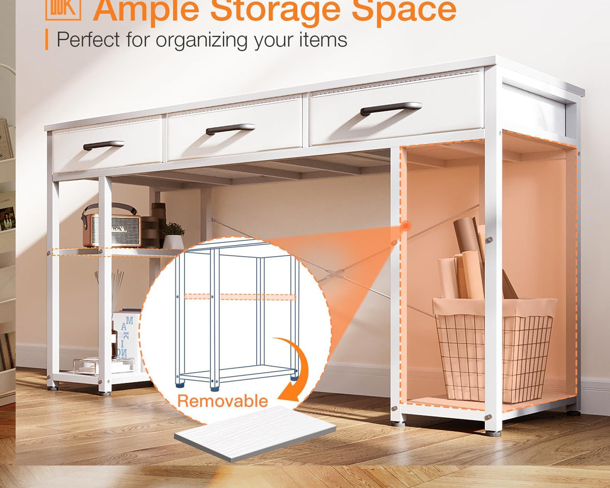 120 cm White Computer Desk with Fabric Drawers & Shelves