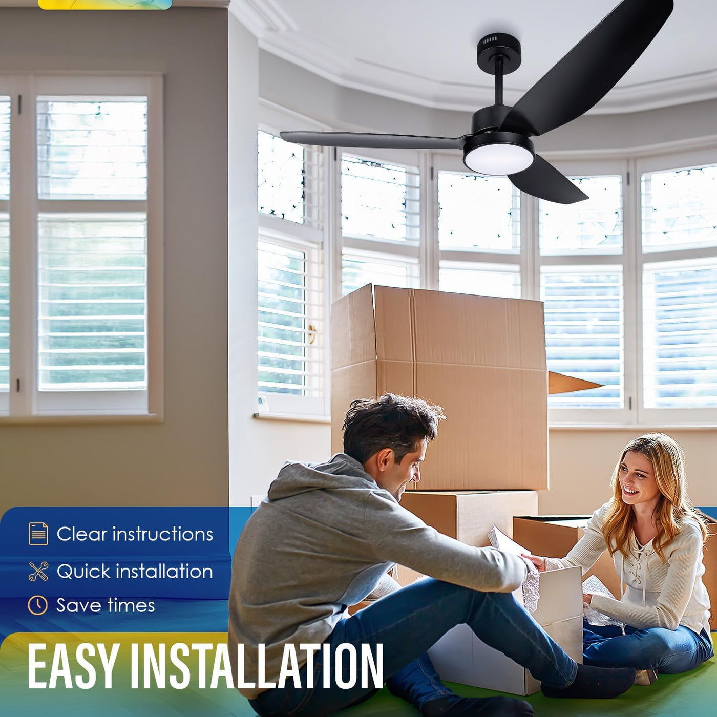 52 Inch Ceiling Fan with Light and Remote, Flush Mount Quiet Ceiling Fan with Dc Motor, Reversible Blades 6 Speeds 3 Colors Dimmable LED Ceiling Fan light for Living Room (220V-240V, 50Hz)