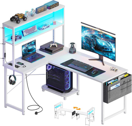 ODK L Shaped Gaming Desk with LED Lights & Power Outlet,Reversible Computer Desk with Adjustable Shelves, Corner Desk with Storage Bag & Headphone Hook for Home Office,Gaming,115 * 80 * 75.6cm,White