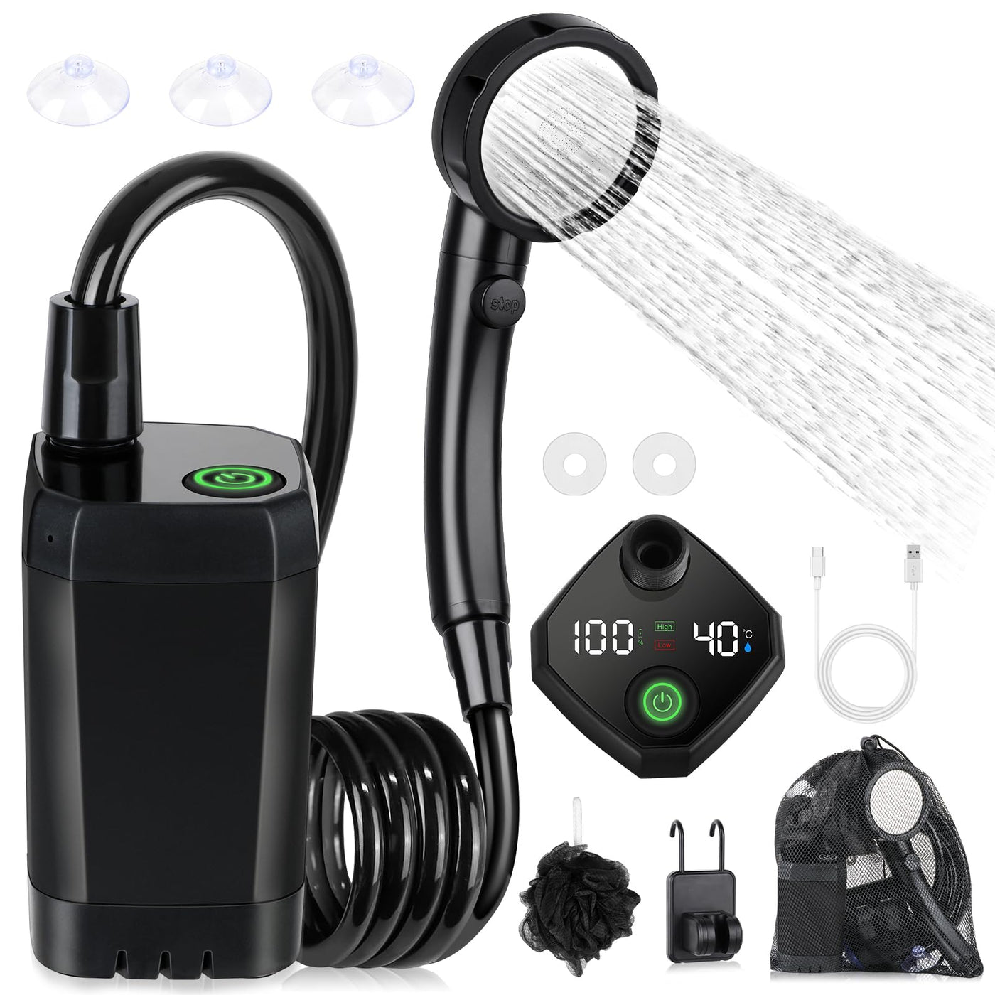 Portable Shower for Camping, [6000mAh Long-Lasting] Spopal Rechargeable Camping Shower with Shower Head, Intelligent LED Display, Electric Shower Pump for Camping, Hiking, Travel, Car & Pet Clean
