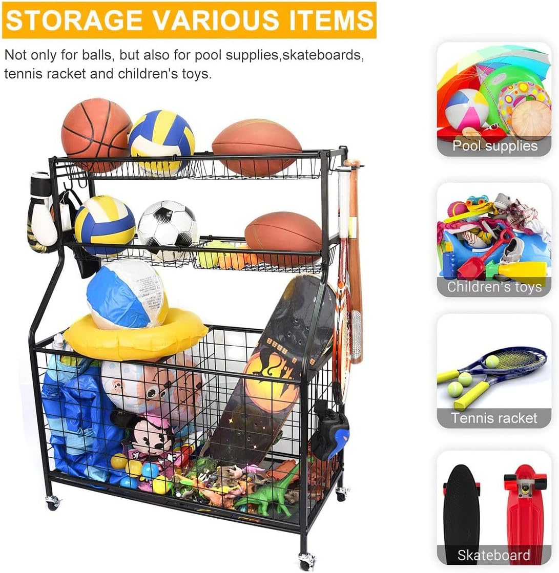 All-in-one Ball Storage Rack Metal Garage Sports Equipment Storage Organizer Basketball Holder Cart 91x42x116.5cm w/Wheels Hooks,Indoor Outdoor