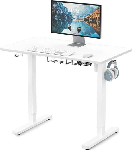 SHW 100 x 55 cm Electric Standing Desk, Whole Piece Desktop Height Adjustable Sit to Stand Desk with Hanging Hooks and Cable Management, White Frame with White Top