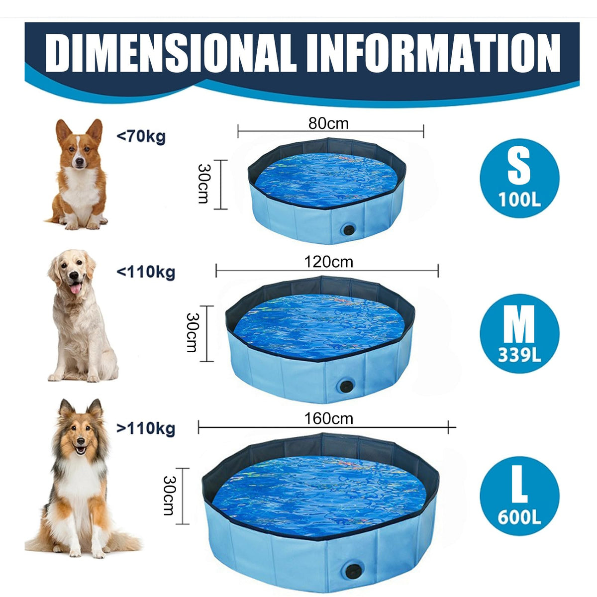 Round Foldable Dog Pool with Drain – 3 Sizes