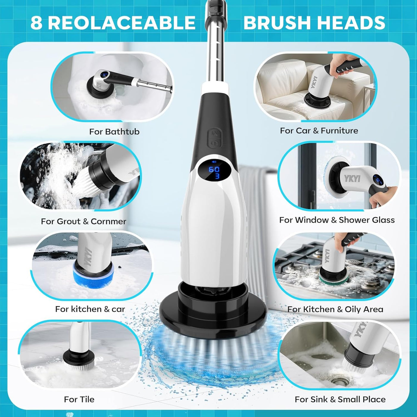 Electric Spin Scrubber,Cordless Cleaning Brush,Shower Cleaning Brush with 8 Replaceable Brush Heads, Power Scrubber 3 Adjustable Speeds,Adjustable & Detachable Long Handle,Voice Broadcast