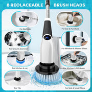 Electric Spin Scrubber,Cordless Cleaning Brush,Shower Cleaning Brush with 8 Replaceable Brush Heads, Power Scrubber 3 Adjustable Speeds,Adjustable & Detachable Long Handle,Voice Broadcast
