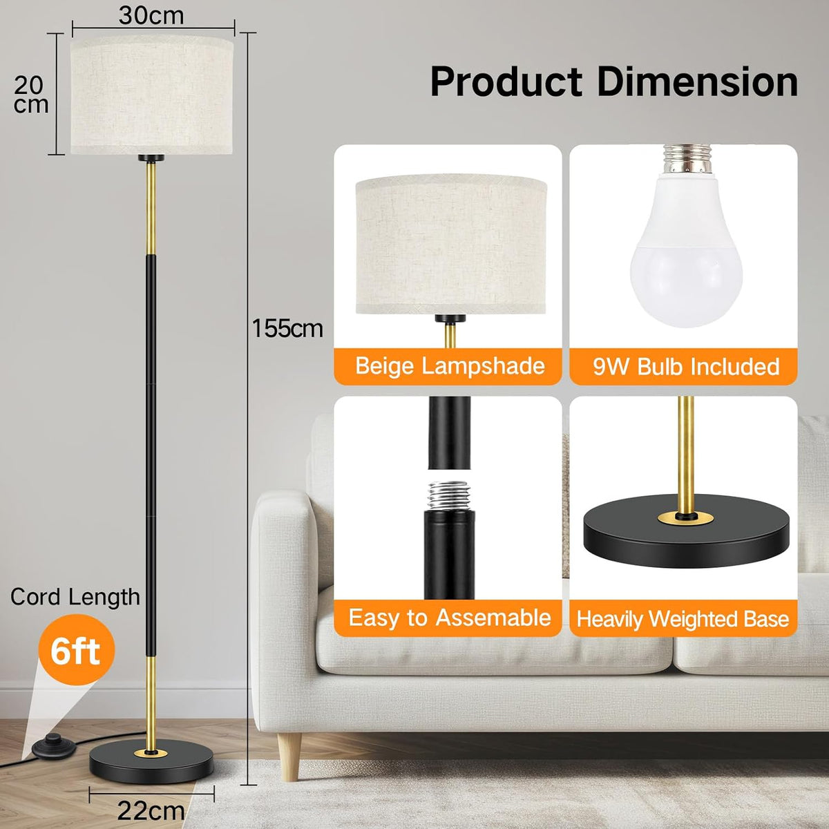 LED Modern Dimmable Standing Floor Lamp with Remote & APP Control