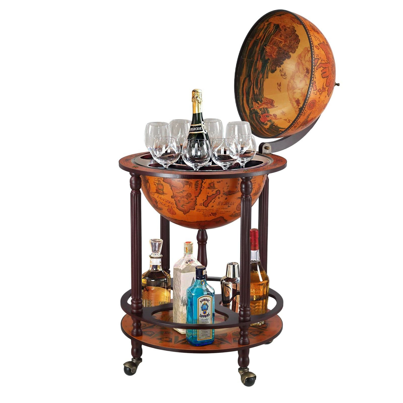 Antique-Style Mini Globe Bar Trolley with Bottle Storage