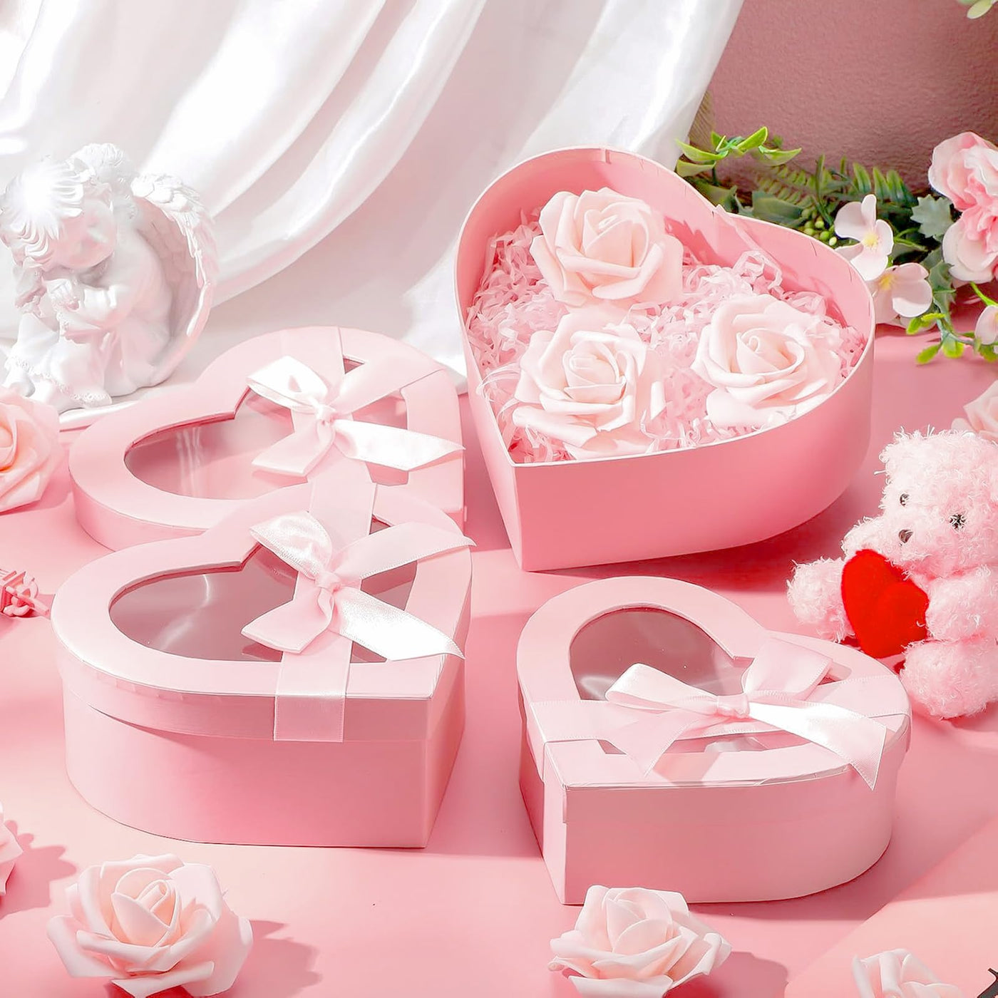 4-Piece Nesting Heart Gift Box Set with Clear Lids & Ribbons