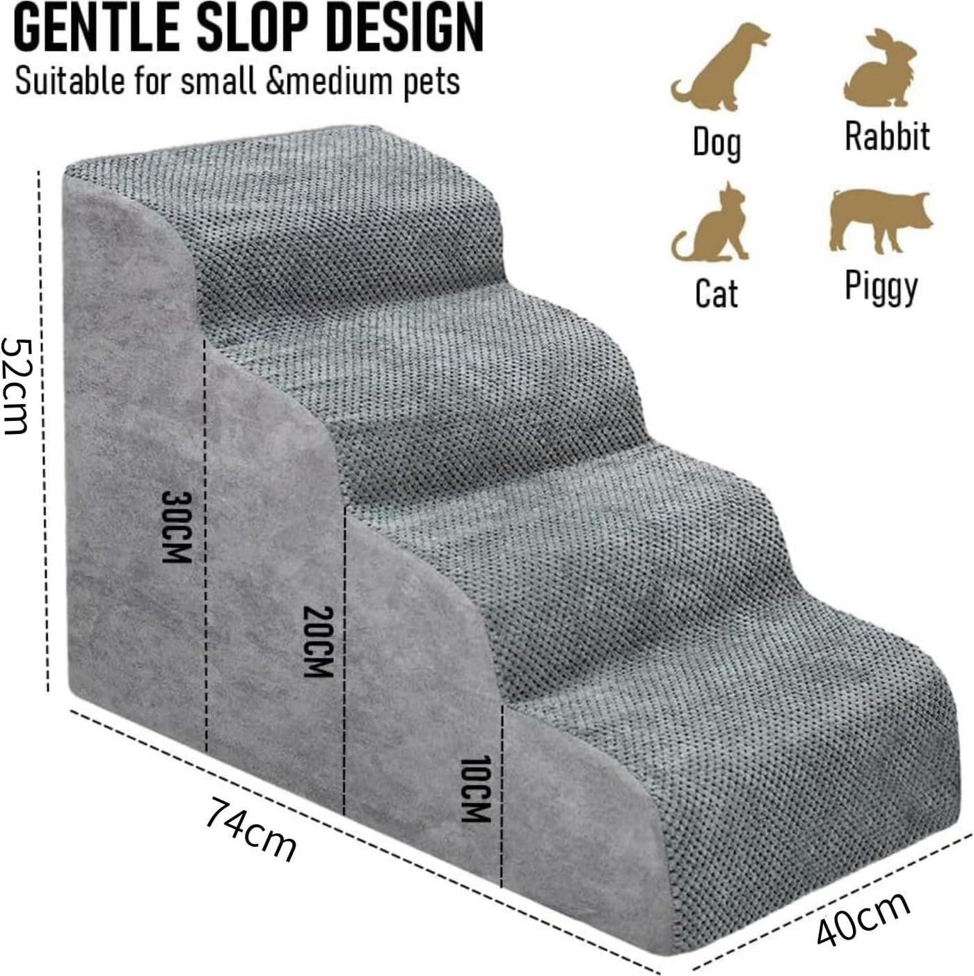 4-Step Grey Detachable Pet Stairs for Beds & Couches