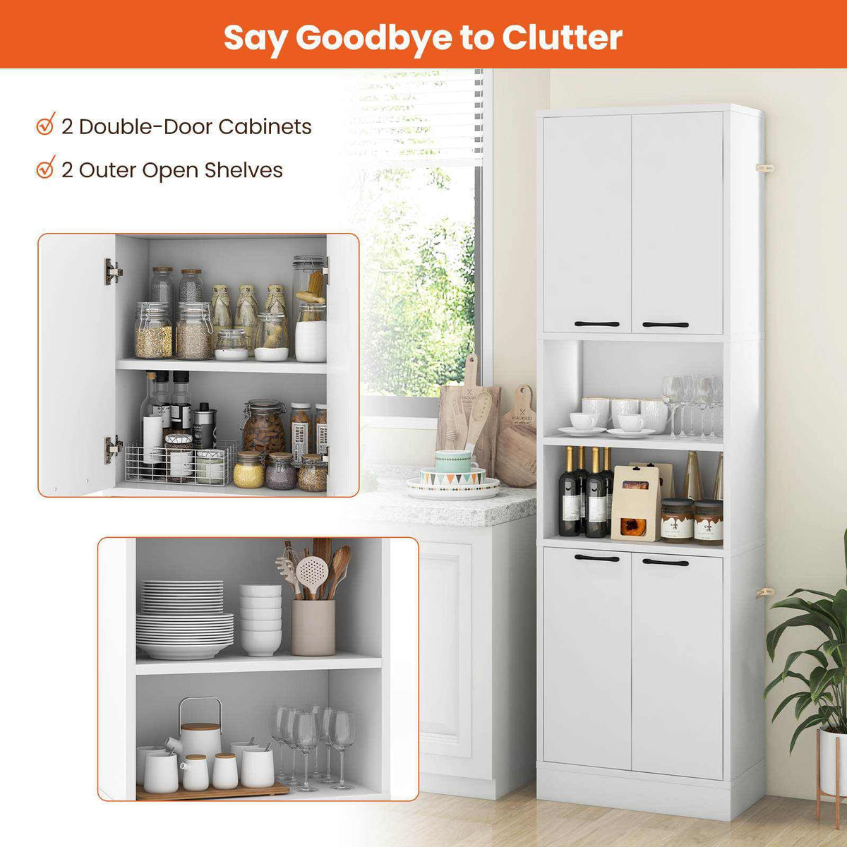 190 cm White Freestanding Pantry Cabinet with Doors & Shelves