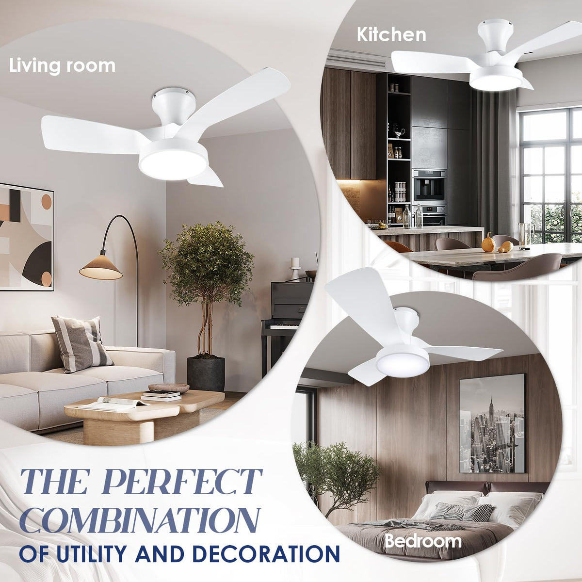 Ceiling Fans with Lights Remote, 32 Inch Low Profile Ceiling Fan with 3 Colors and 6 Speeds Options, 3 Blades Fans Lamp for Ktichen Bedroom Dinning Room Patio(White)