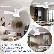 Ceiling Fans with Lights Remote, 32 Inch Low Profile Ceiling Fan with 3 Colors and 6 Speeds Options, 3 Blades Fans Lamp for Ktichen Bedroom Dinning Room Patio(White)