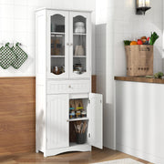 160 cm White Storage Cabinet with Glass Doors & Drawer