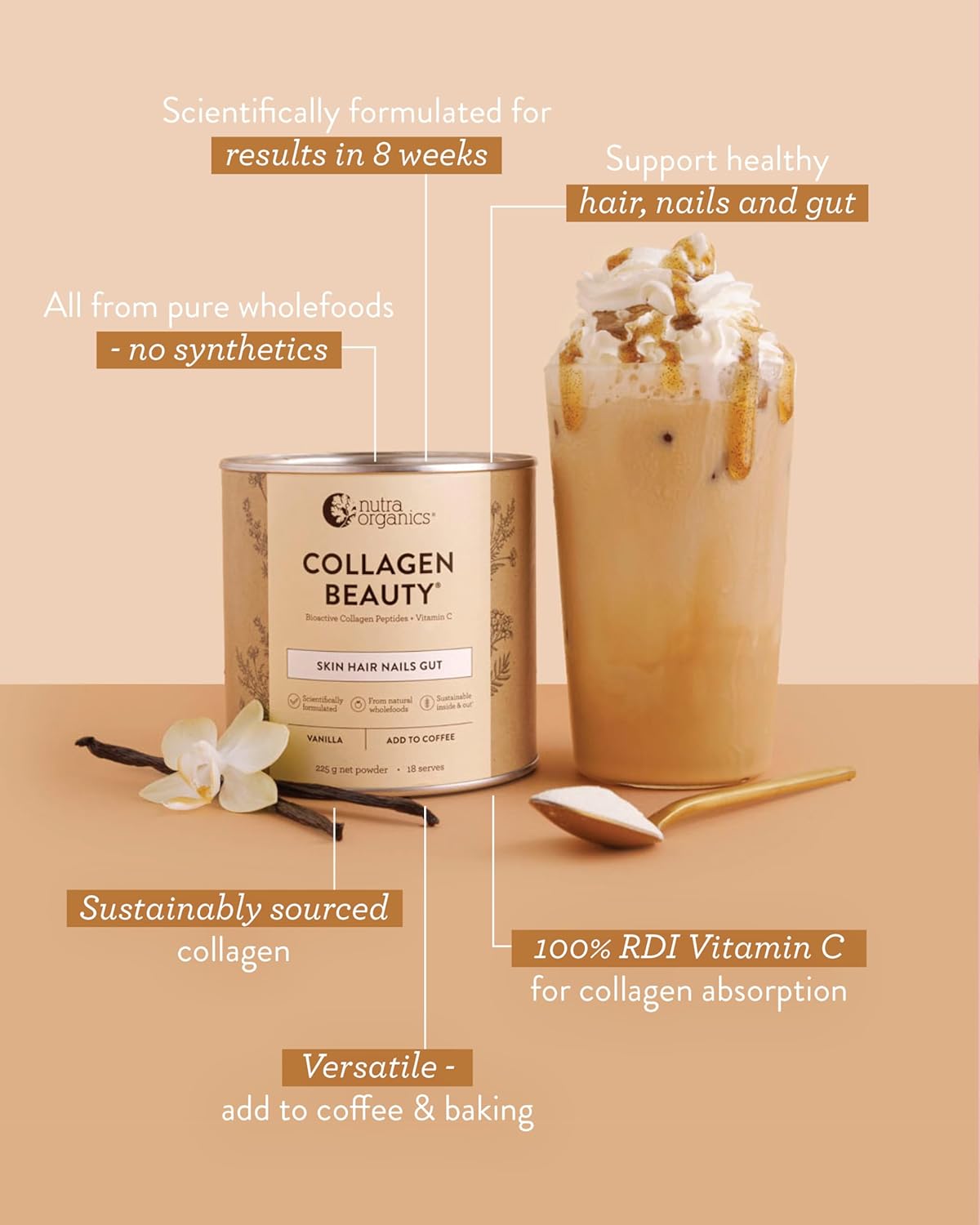 Nutra Organics Collagen Beauty Vanilla 225g | Low Sugar, Non-Dairy, Drink Mix w/Vitamin C | Collagen Powder that Supports Skin Elasticity & Hydration, Healthy Hair, Nails, & Gut Wellbeing (18 Serves)