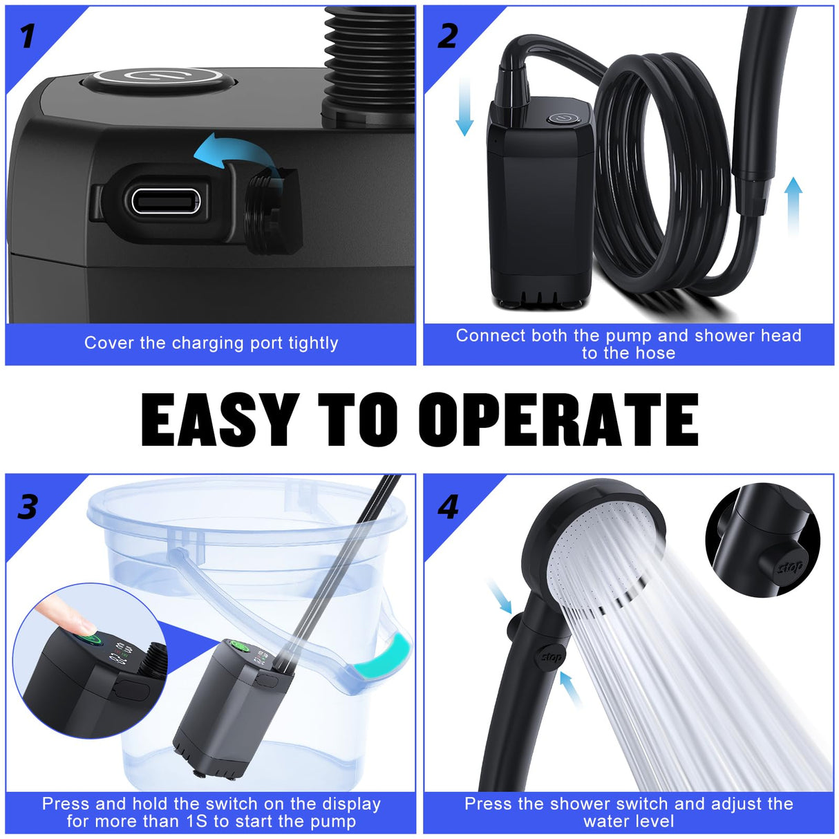 Portable Shower for Camping, [6000mAh Long-Lasting] Spopal Rechargeable Camping Shower with Shower Head, Intelligent LED Display, Electric Shower Pump for Camping, Hiking, Travel, Car & Pet Clean