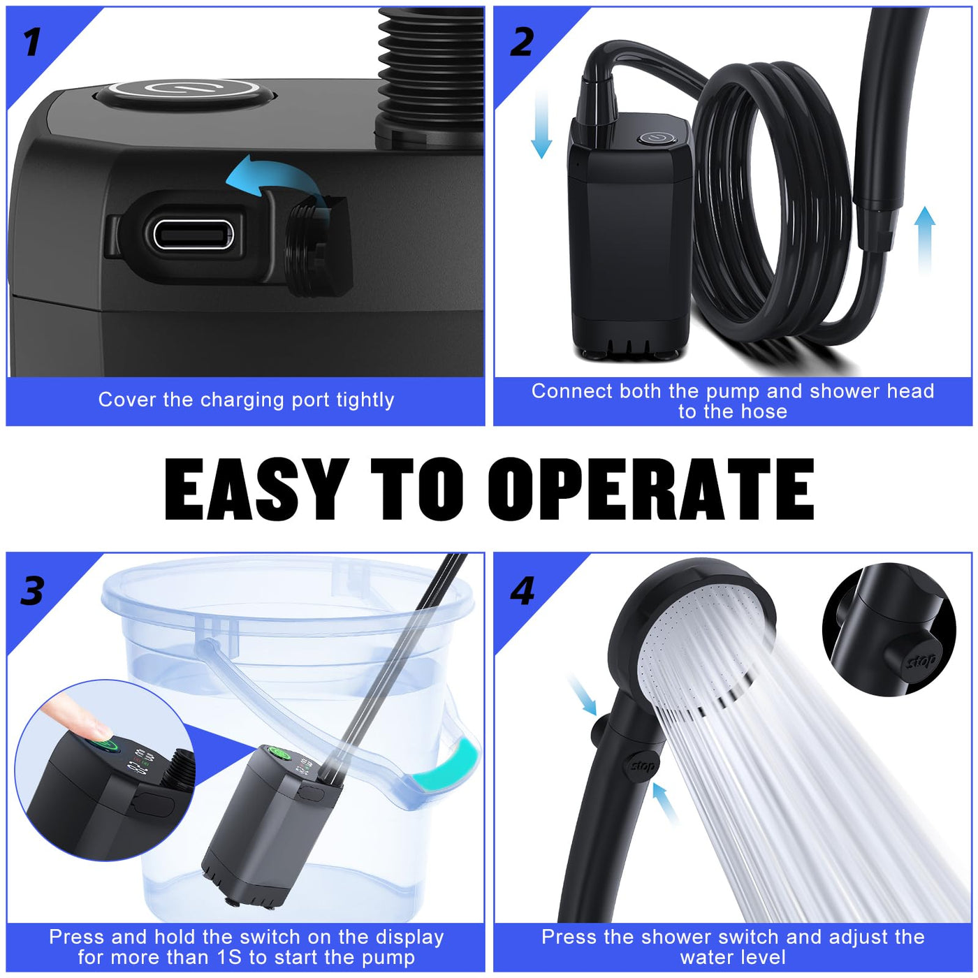 Portable Shower for Camping, [6000mAh Long-Lasting] Spopal Rechargeable Camping Shower with Shower Head, Intelligent LED Display, Electric Shower Pump for Camping, Hiking, Travel, Car & Pet Clean