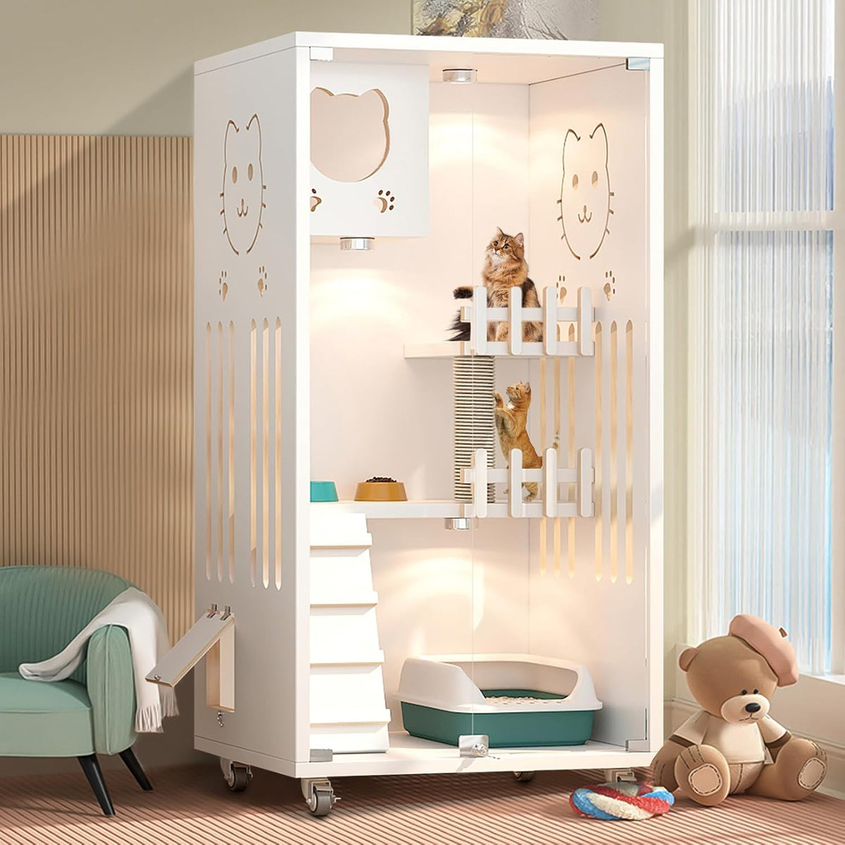 125 cm White Wooden Cat Condo with Wheels & Glass Doors