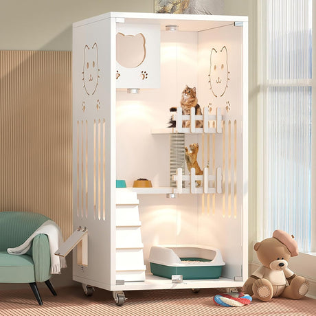 Large Wooden Cat House, 60 * 60 * 125cm Indoor Cat Condo Enclosed, Multi-Feature Luxury Cat Villa with Wheels Scratching Post, Wooden Cattery Cage Enclosure with Tempered Glass Doors,White