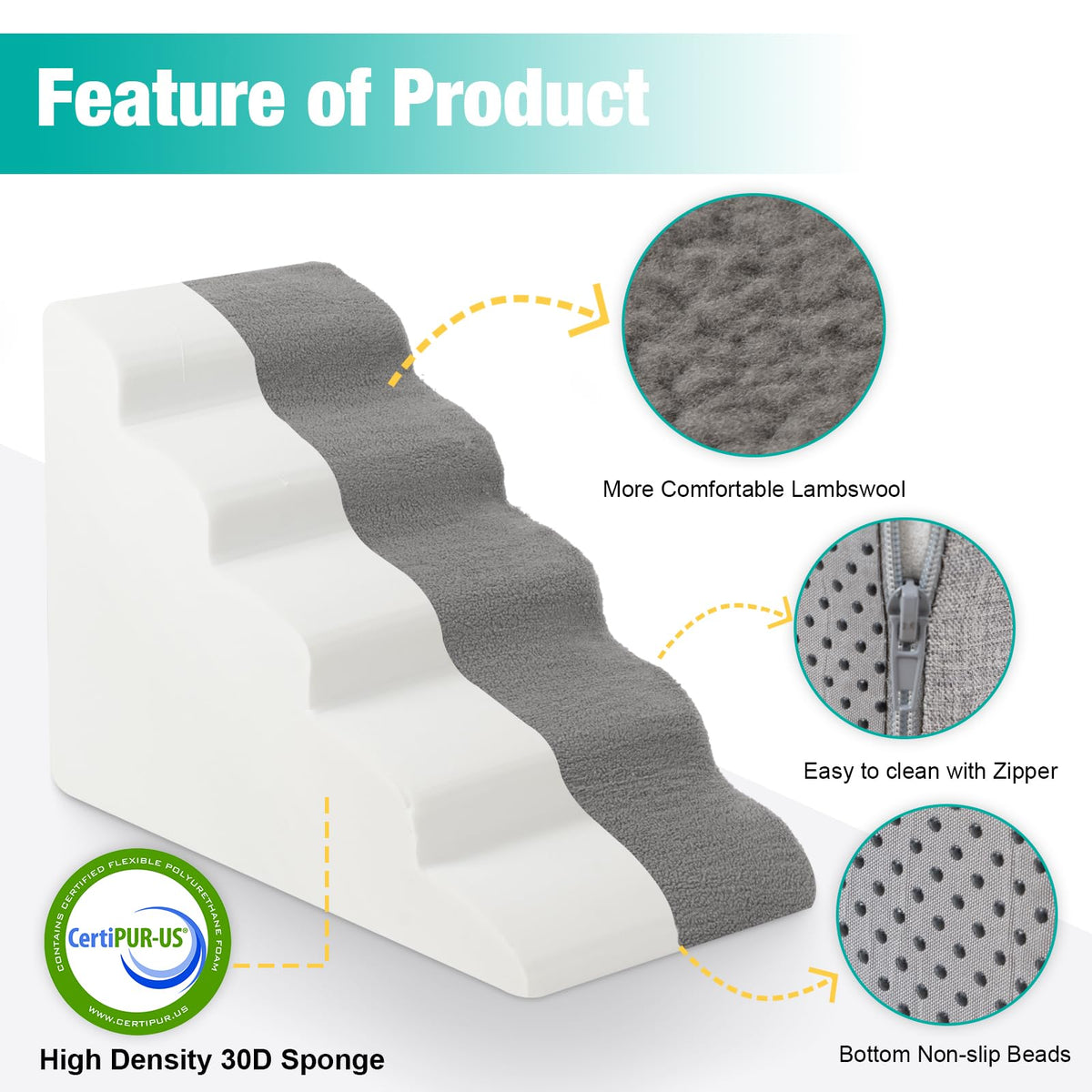 5-Tier Grey Foam Pet Stairs for Beds & Couches