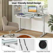 Electric Standing Desk with Drawer, Height Adjustable Desk with Whole Piece Tempered Glass Top, Sit Stand Desk with 2 Memory Positions & USB Type-C Outlets for Home Office 120x60 cm